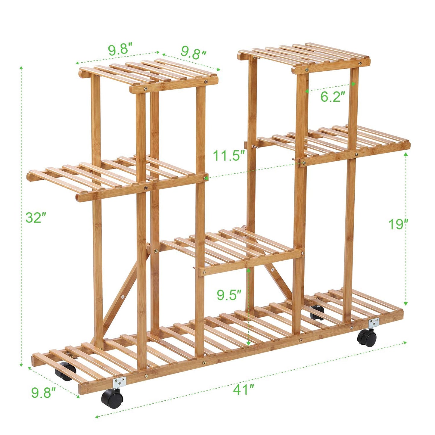Bamboo Plant Stand Rack with Wheels 4 Tier Indoor&Outdoor Rolling Plant Flower Pots Holder Shelf Planter Display Shelving Unit for Patio Garden, Living Room, Corner Balcony and Bedroom (13 Flowerpots)