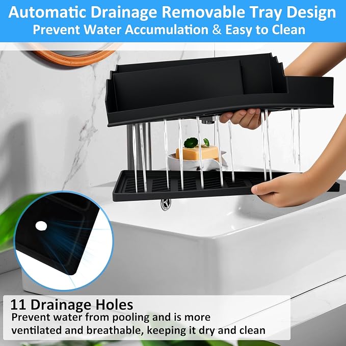 Bathroom Counter Organizer, Black Silicone Toothbrush Holders for Bathrooms Organizer Countertop with 3PCS Qtip Holder, Toothbrush and Toothpaste Holder for Bathroom Organization Storage Vanity