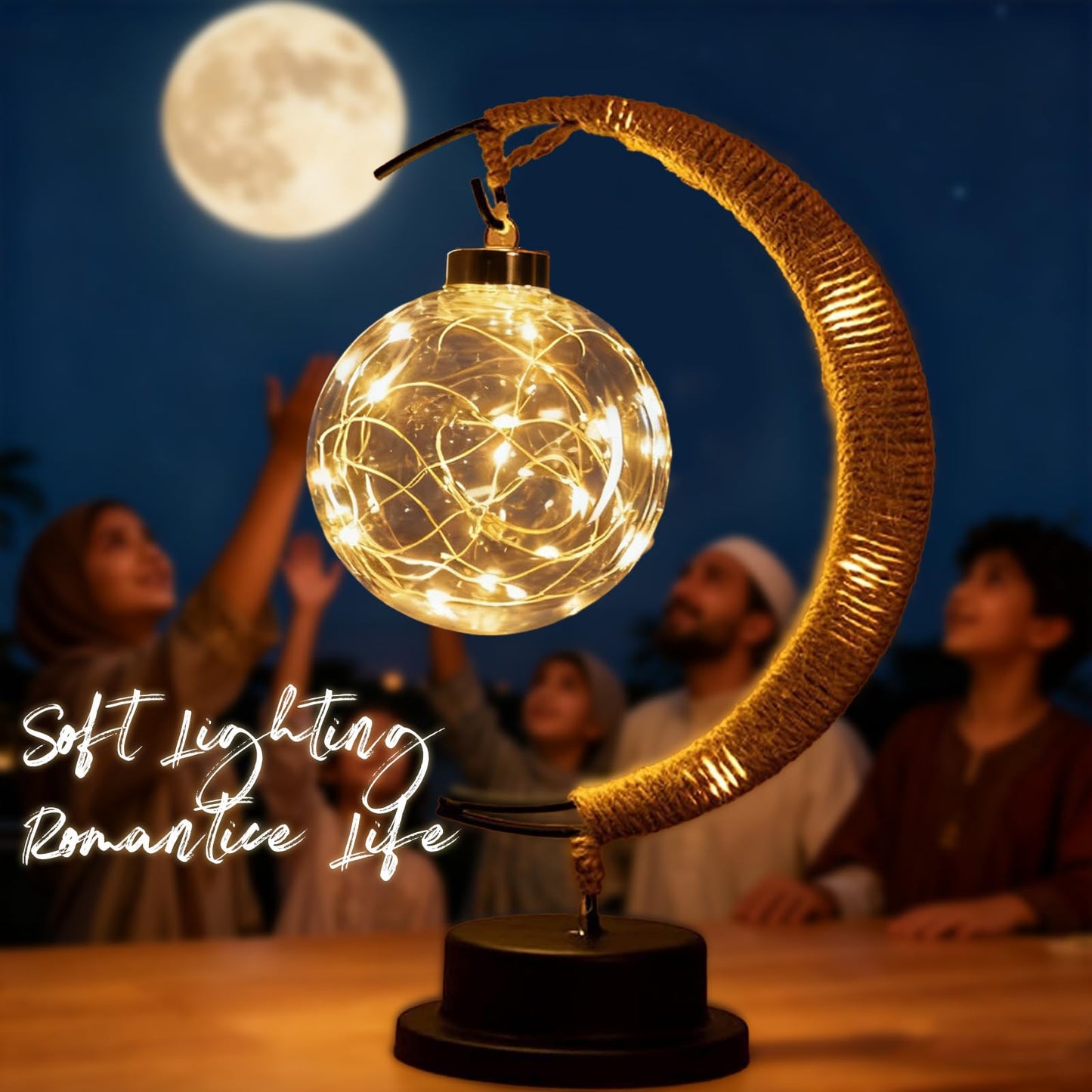Taoushuleng Moon Table Night Light with Hanging Star Ramadan Decorative Lamp Battery Operated Suitable for Home Bedroom Shop Dining Table Holiday Party Eid Festival Decoration (HEMPmoon-WW-Ball)