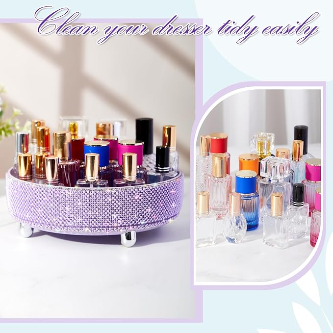 Honeydak Purple Bling Perfume Makeup Organizer Bling Mother's Day Nurses Day Gifts for Women Bathroom Organizers and Storage 360 Rotating Makeup Organizer for Countertop(Pearl)