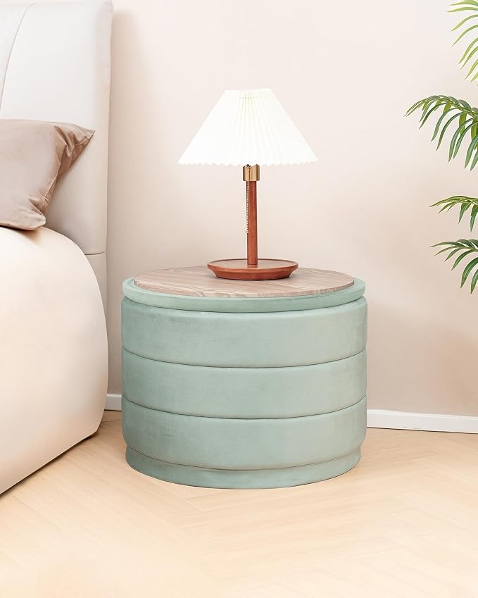 B FSOBEIIALEO Round Velvet Storage Ottoman with Tray, Folding Ottoman with Storage Coffee Table Foot Rest for Dorm Room, Living Room Sage, 22.83"x22.83"x17.32"