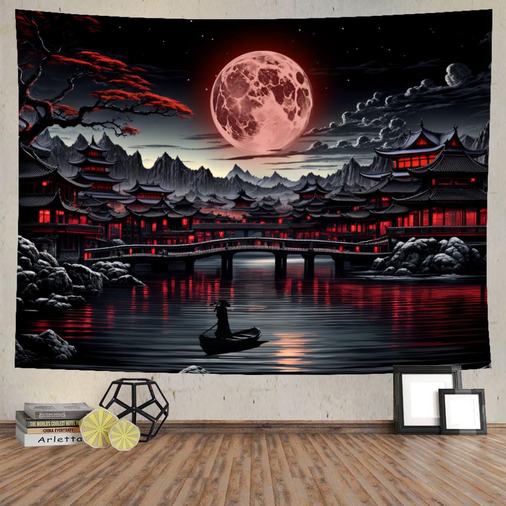 Ine Ive Japanese Landscape Tapestry Cool Red and Black Aesthetic Full Moon Mountain Riverside Wall Tapestries for Men 80x60inch Dark Nature Asian Japan Anime Art Poster for Bedroom Office Dorm Decor