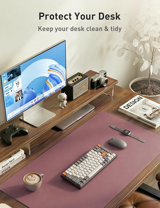 Aothia Faux Leather Desk Mat - Non-Slip PU Leather Desk Blotter, Waterproof Writing Surface, Large Desk Pad for Office & Home (Dark Pink, 55" x 17")