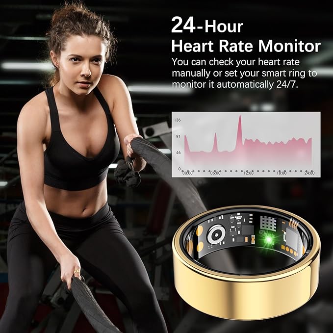 Ring Health Tracker for Women Men, Fit Ring with Heart Rate, Blood Oxygen, Sleep Monitor, Calories, Step Counter, IP68 Waterproof Smart Ring for iPhone & Android, No Subscription Fee (Gold, 10#)