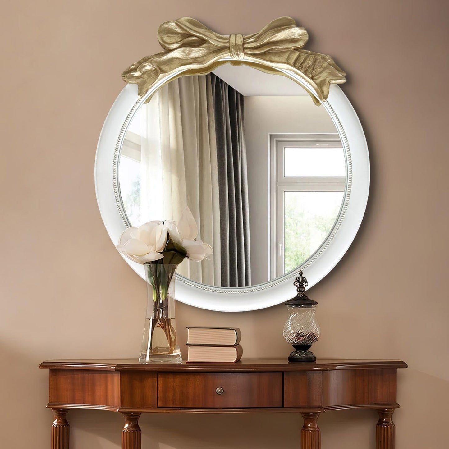 inoseen Antique Bow Round 26x26 inch Wall Mirror, White and Gold Bow Frame Circle Mirror for Wall Decor for Bathroom Sink, Living Room, Hallway & Bedroom