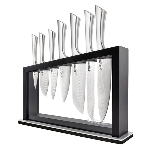 Cuisine::pro Damashiro 8-Piece Satori Knife Block - Japanese Steel Knife Set with Acacia Wood Knife Block -Damascus-Inspired Blade