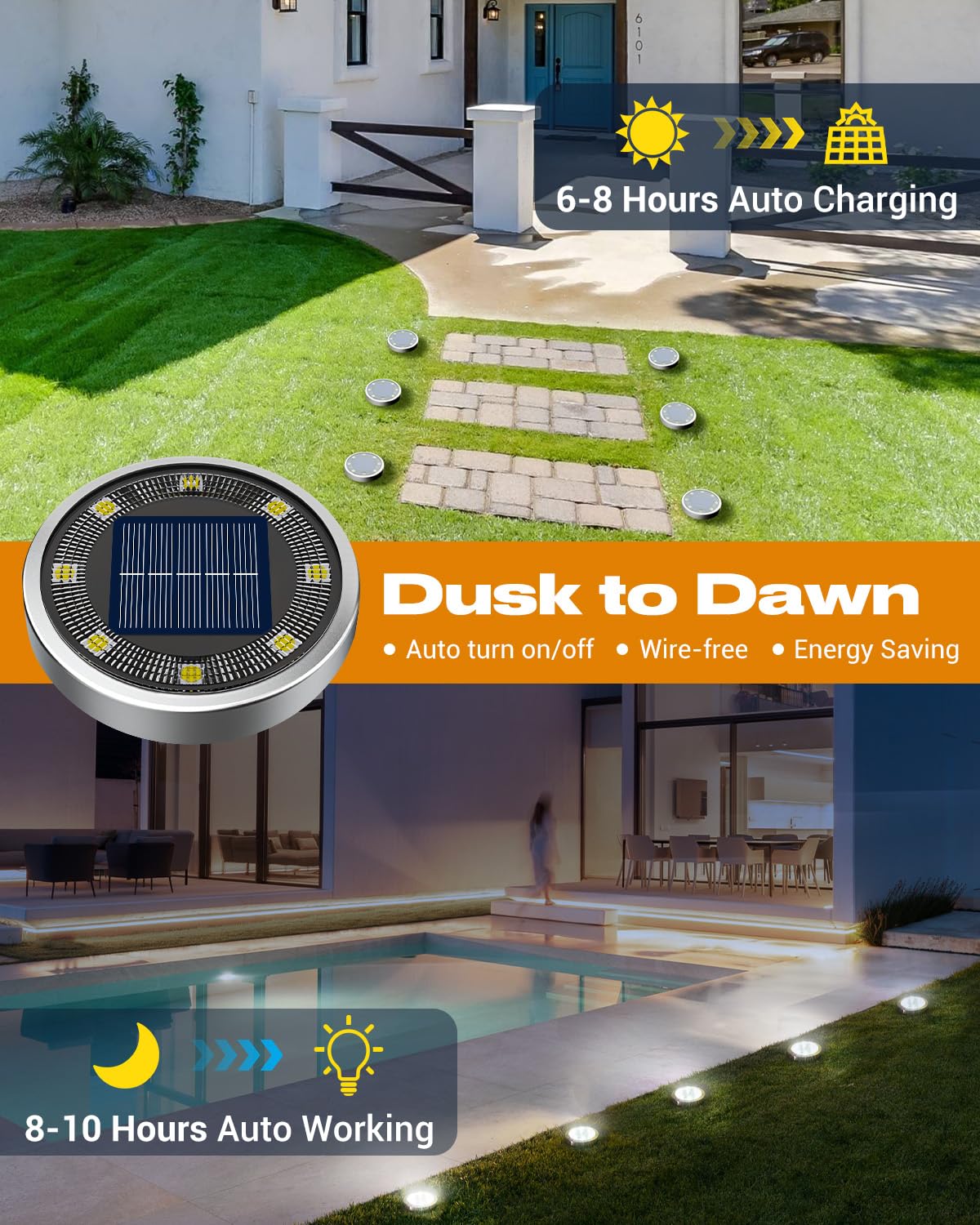 btfarm 16 Pack Solar Lights Outdoor, 8 LED Solar Ground Lights IP65 Waterproof Flat Solar Disc Light, Pathway Lights for Garden Lawn Patio Yard Path Landscape, Cool White