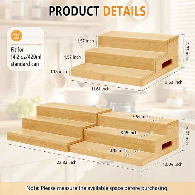 2 Pack Bamboo Expandable Can Rack Organizer for Pantry, Stackable 3 Tier Canned Food Organizers and Storage, Kitchen Cabinet, Food Can Holders Dispensers for Pantry Up To 48 Cans