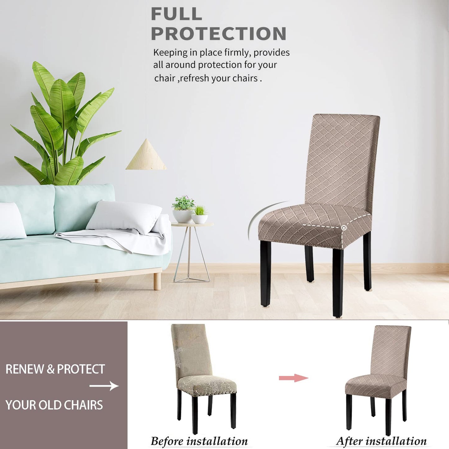 BOGUANG Waterproof Dining Chair Cover,Spandex Fabric Fit Stretch Chair Slipcover,Removable Washable Jacquard Parsons Chair Covers (Khaki,Set of 6)