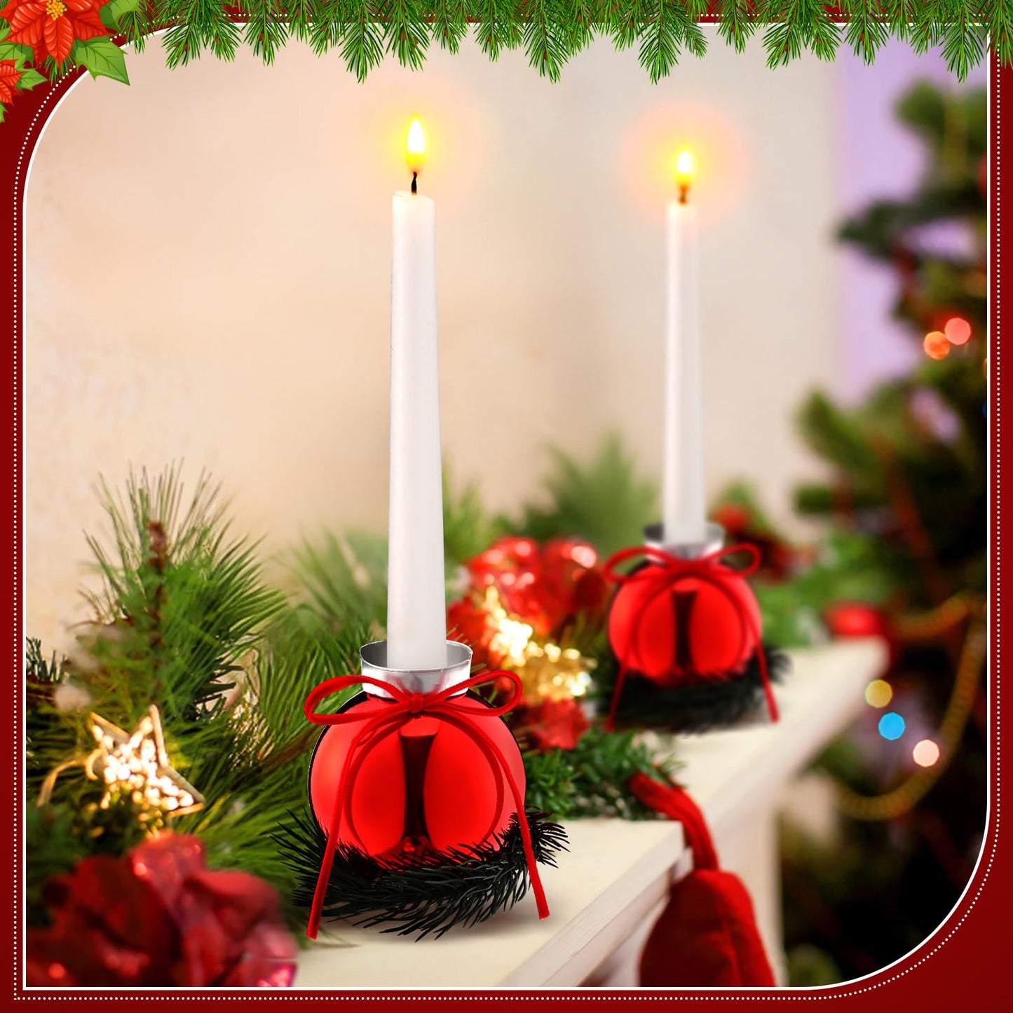 Suncalla 6 Pcs Red Christmas Tealight Candle Holder Christmas Dinner Table Decorations Ball Candlestick Holder with Bow and Wreath for Party Indoor Decorations