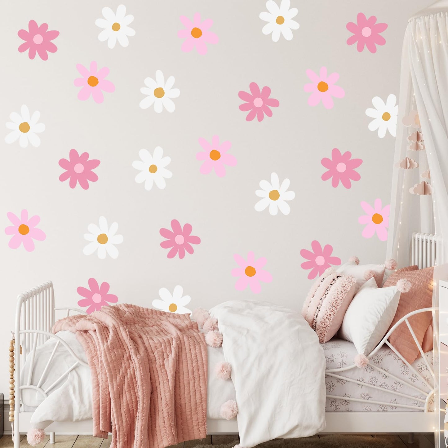 BBTO Daisy Wall Decal Flower Vinyl Wall Floral Decals Peel and Stick Daisy Stickers for Kids Nursery Art Bedroom Living Room(Pink, White)