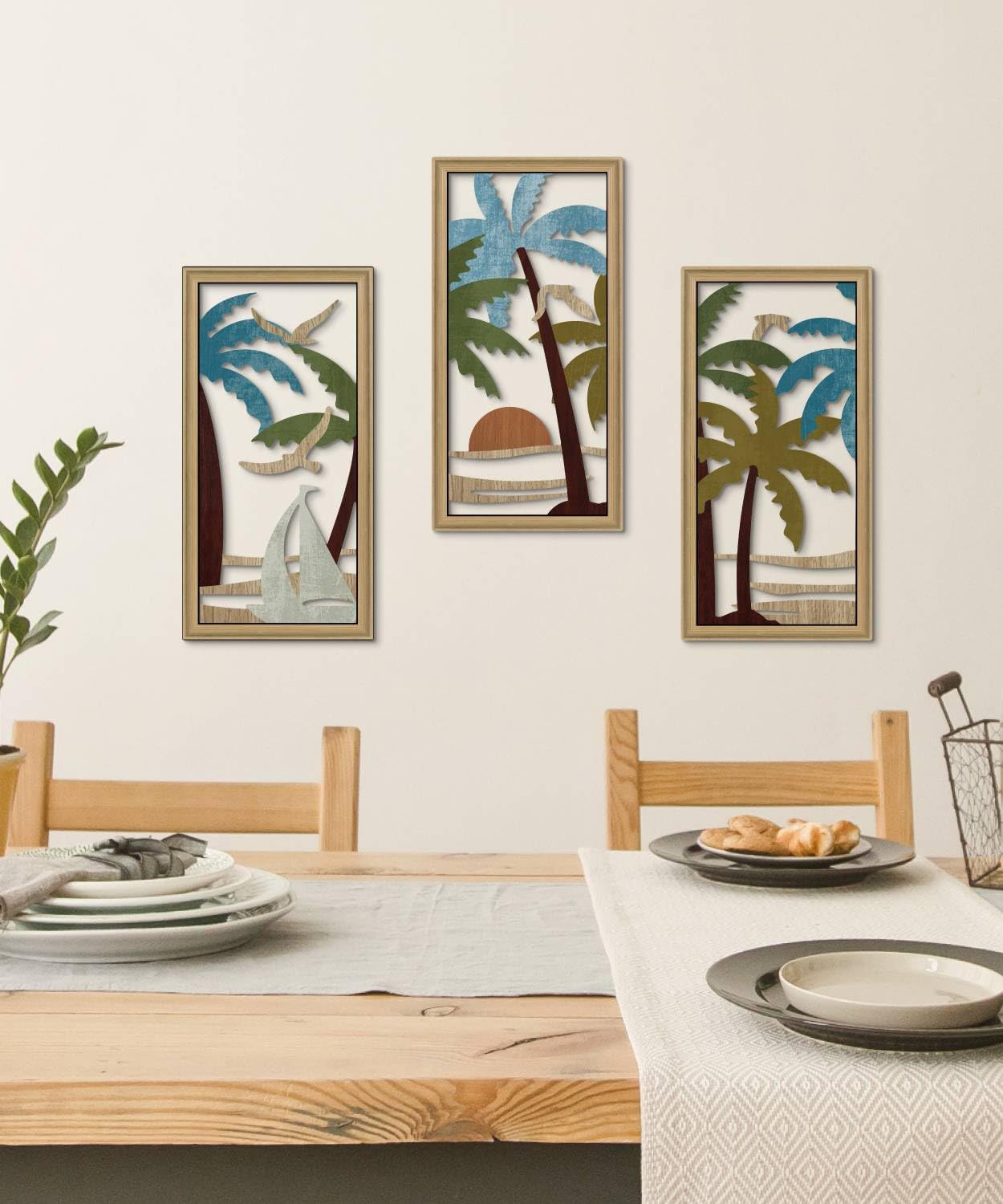 Putuo Decor Palm Tree Wall Decor Set of 3, Coastal Wall Decor, Boho Wall Art, Beach Themed Wooden Wall Plaque for Living Room Bedroom Bathroom