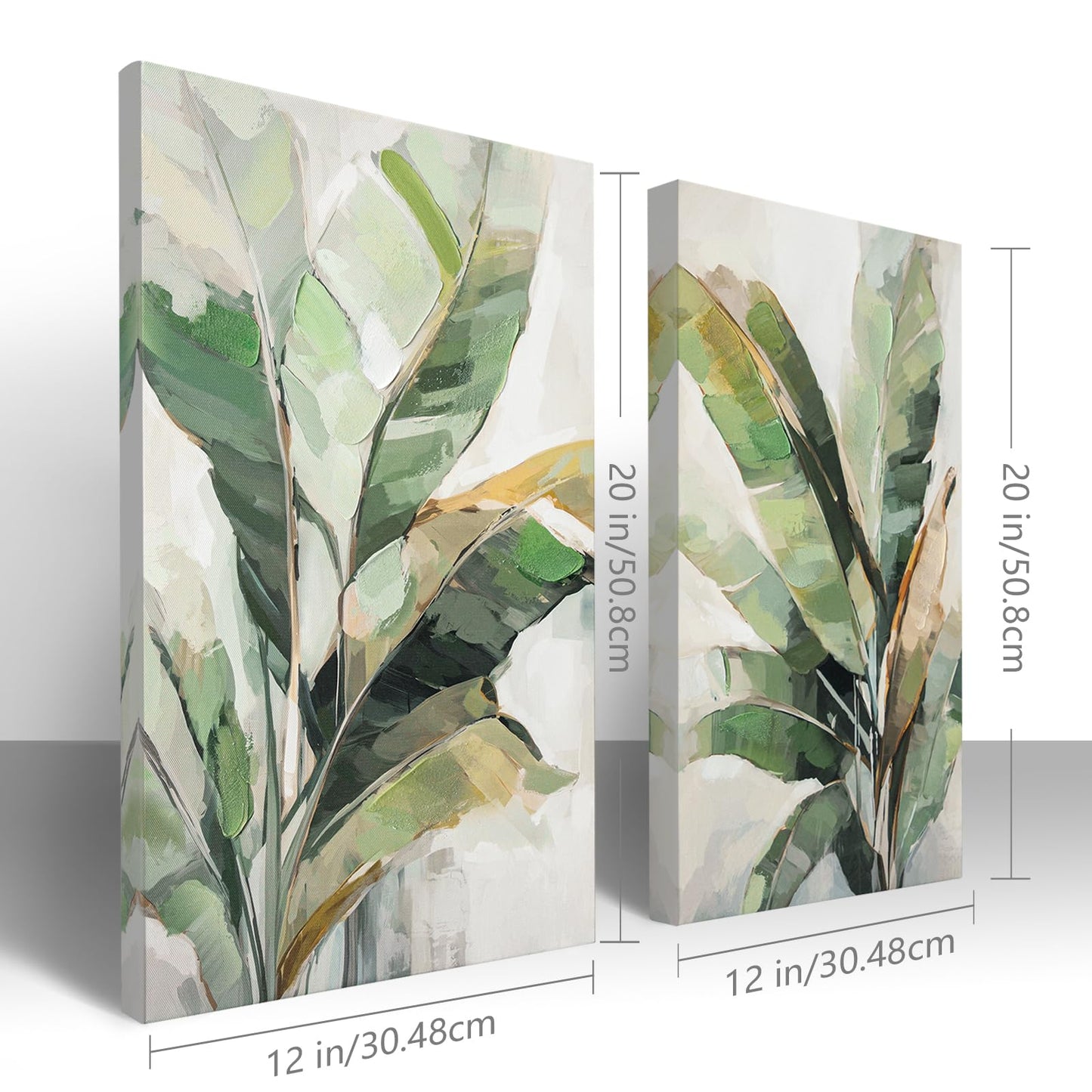 Botanical Wall Art Set Hand Painted, for Living Room plant wall art,Green Tropical Plant Leaf Wall Decor, Modern Banana Leaf Wall Painting, for Bedroom, Dining Room, Office - 12x20 Inch 2pack