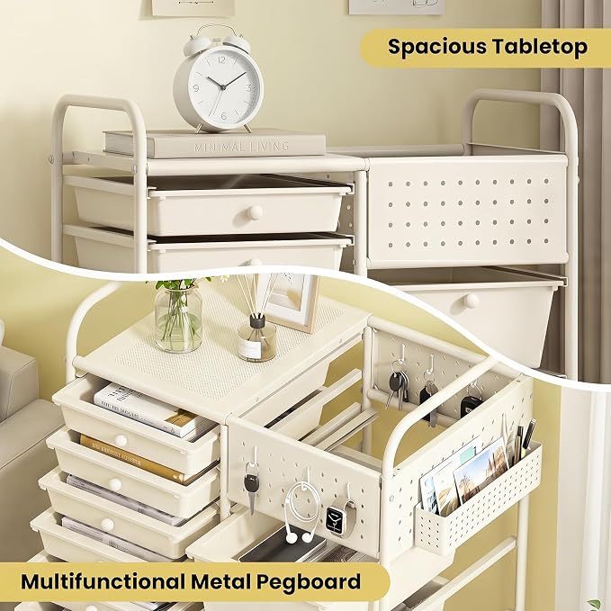 GOFLAME 14-Drawer Rolling Storage Cart with Pegboard, Craft Storage Cart with Lockable Wheels and Metal Frame, Multifunctional Art Cart Supply Storage Organizer for Home Office Classroom, White