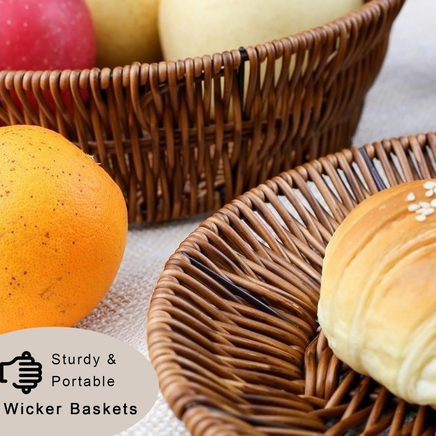 CBAOCBKVH Set of 3 Small Wicker Baskets, Bread Baskets for Serving, Handwoven Decorative Rattan Fruit Snack Food Storage Organizer for Kitchen Brown