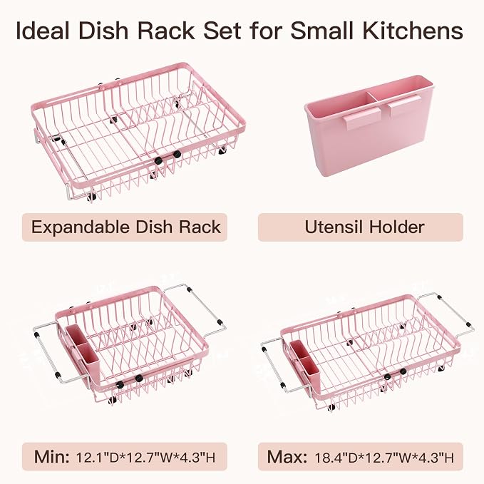 MAJALiS Pink Dish Drying Rack Over The Sink, Expandable Stainless Steel Dish Drainer for Small Kitchen Counter Space Saving, RV Compact Plate Strainer in Metal with Hanging Adjustable Utensil Holder