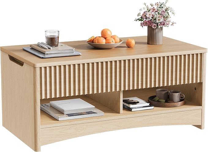 Marsail Lift-Top Coffee Table, Fluted Center Table with Hidden Compartments, Smooth Lifting & Space-Saving Design, Versatile Wood Coffee Table for Living Room and Office, Oak