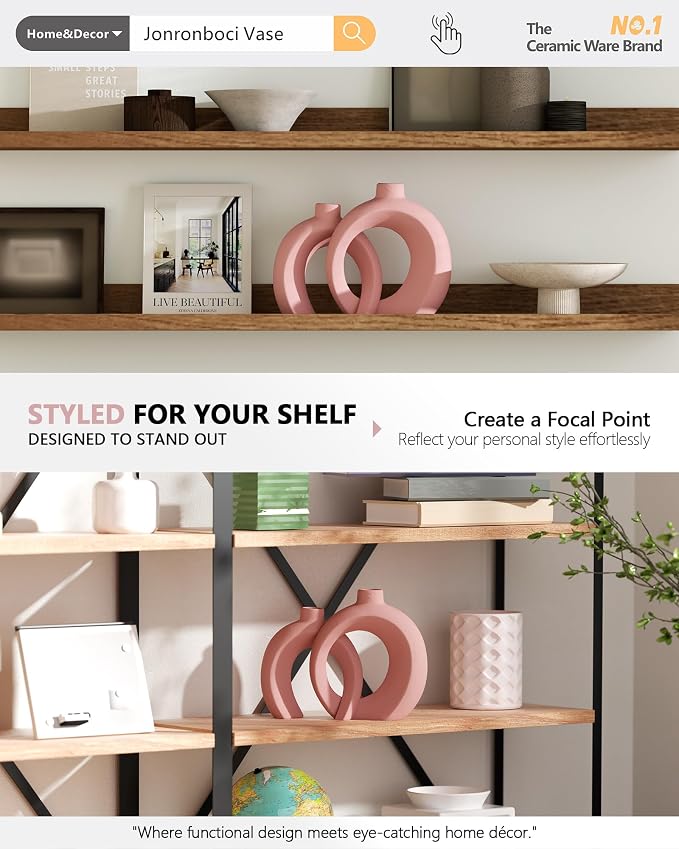 Set of 2 Pink Ceramic Vases for Home Decor Accents - Unique Hollow Donut Artistic Design Coquette Feminine Style Decorative Vases for Shelf, Mantel, Entryway Table Decor (Matte Pink)