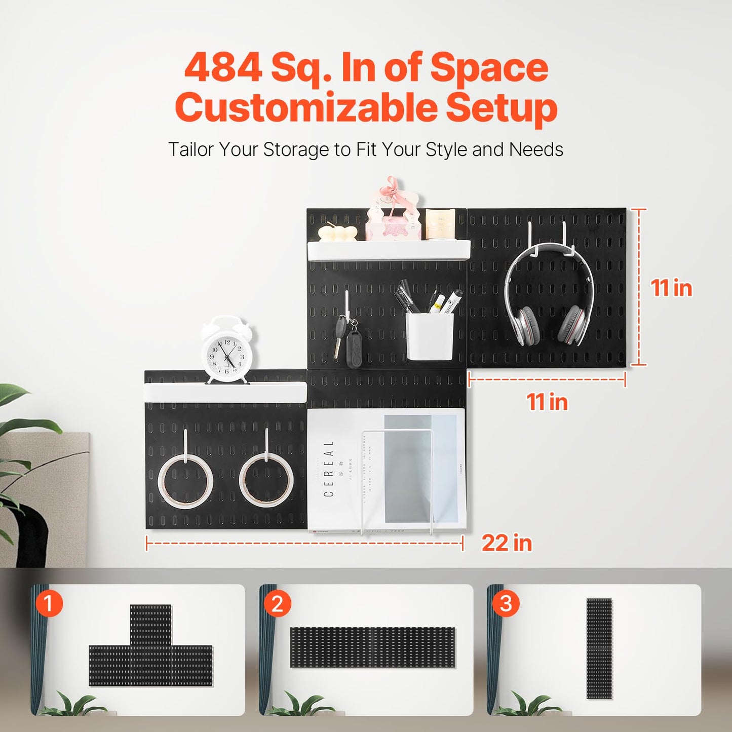VEVOR Pegboard Combination Kit, 11" x 11" Plastic Pegboard, 4 Panels, Peg Board Wall Organizer Kit with Accessories, for Garage Tool Storage Kitchen Living Room Craft Room Office Bathroom Home, Black