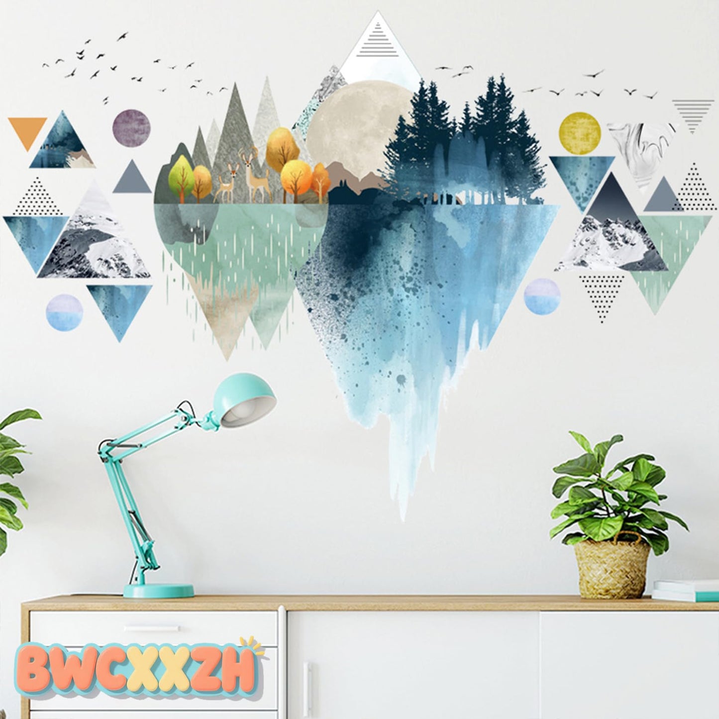 Nordic Geometric Wall Stickers, Removable DIY Mountain Reflection Wall Decal Murals Peel and Stick 3D Wall Art Stickers Murals Home Decor for Boy Bedroom Nursery Rooms Living Room