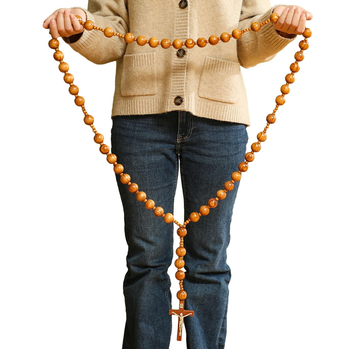 Quelay 42 Inches Catholic Holy Big Mix Beads Sanctified Rosary Handmade Natural Wood Chain Jesus Cross Large Wall Christian Rosary for Advent Prayer and Christmas Devotions