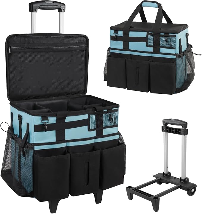 SCAVATA Rolling Cleaning Caddy Bag with Detachable Trolley, Large Cleaning Supplies Organizer with Wheels, Multi Pocket Cleaning Cart with Adjustable Shoulder Strap for Housekeepers & Home, SkyBlue