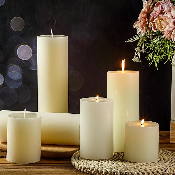 Shihanee 12 Pcs Pillar Candles 3 in x 3,4,5,6,8,10 Dripless Unscented Smokeless Candle Long Burning Decorative Rustic Candles with Cotton Wick for Wedding Home Fireplace (Ivory White)