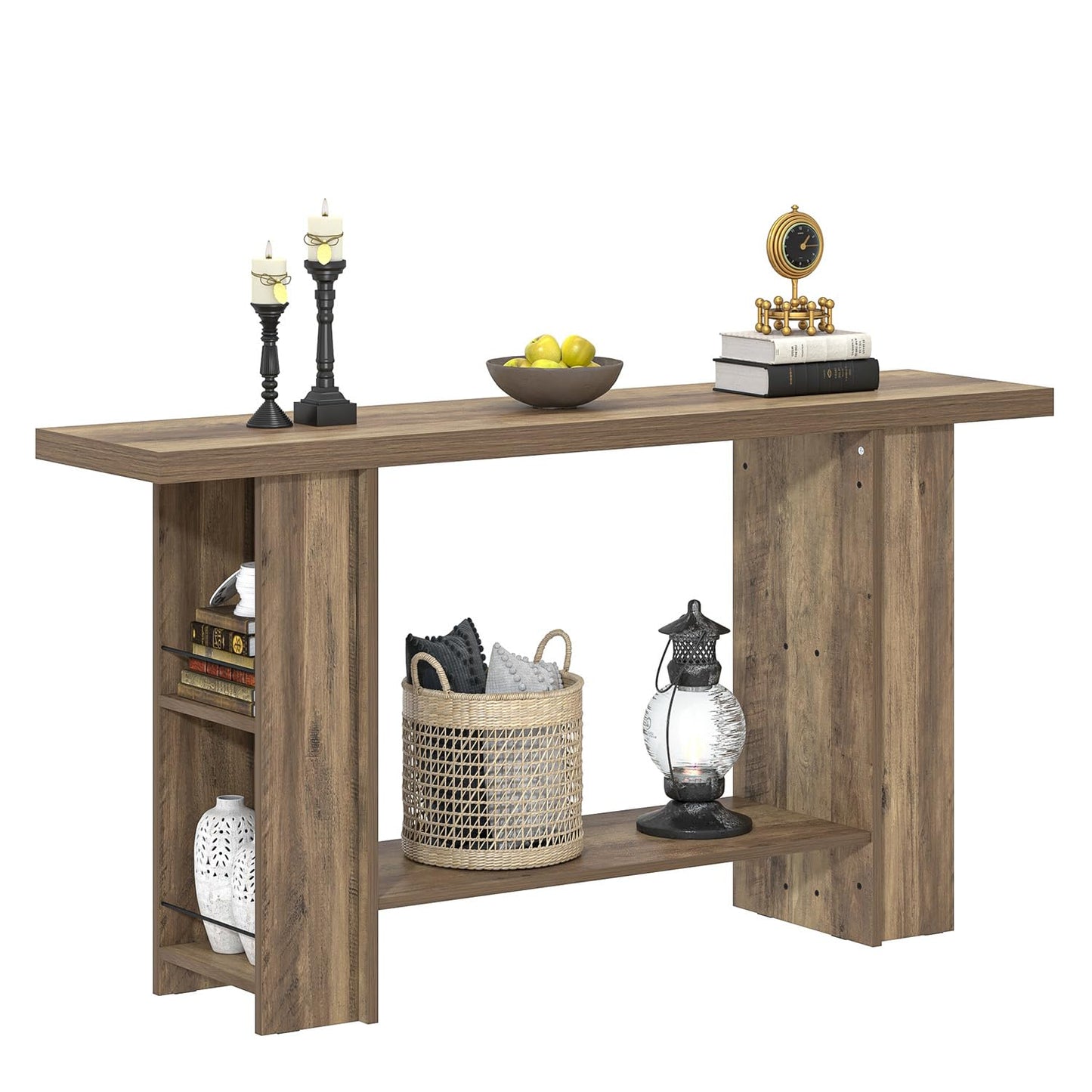 FOLUBAN 53 Inch Long Entryway Table, 2-Tier Wood Console Table with Storage Side Shelves, Farmhouse Sofa Table for Living Room, Narrow Hallway Foyer Table Behind Couch for Home Decor, Rustic Oak