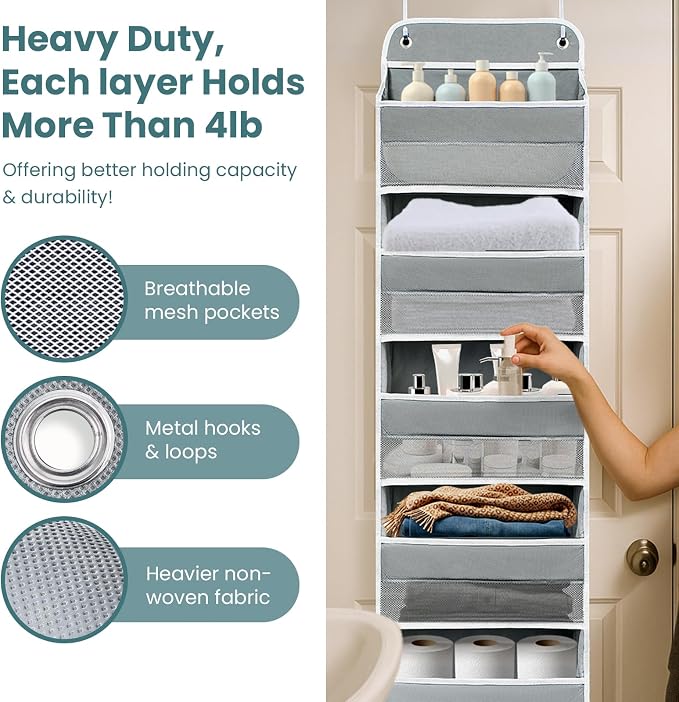 Easy Assembly Over The Door Organizer, 5 Shelves& 8 Side Pockets, Heavy-Duty Reinforced Mesh Rack Holds 44lb, Hanging Behind Door Storage for Bathroom Pantry, Nursery, Closet, Shoes, Towels-Grey