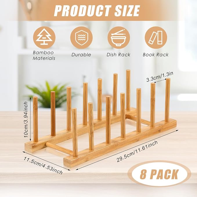 Yinkin 8 Pcs Bamboo Wooden Plate Rack Dish Drying Rack Wood Pot Lid Holder Stand Kitchen Cabinet Organizer for Bowl Cup Cutting Board