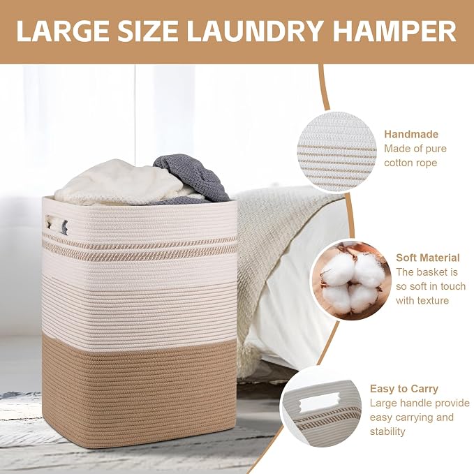 80L Large Cotton Rope Laundry Basket for Bedroom & Laundry Room, Tall Clothes Hamper with Sturdy Handles, Neutral Storage Bin Capable of Holding Blankets and Toys