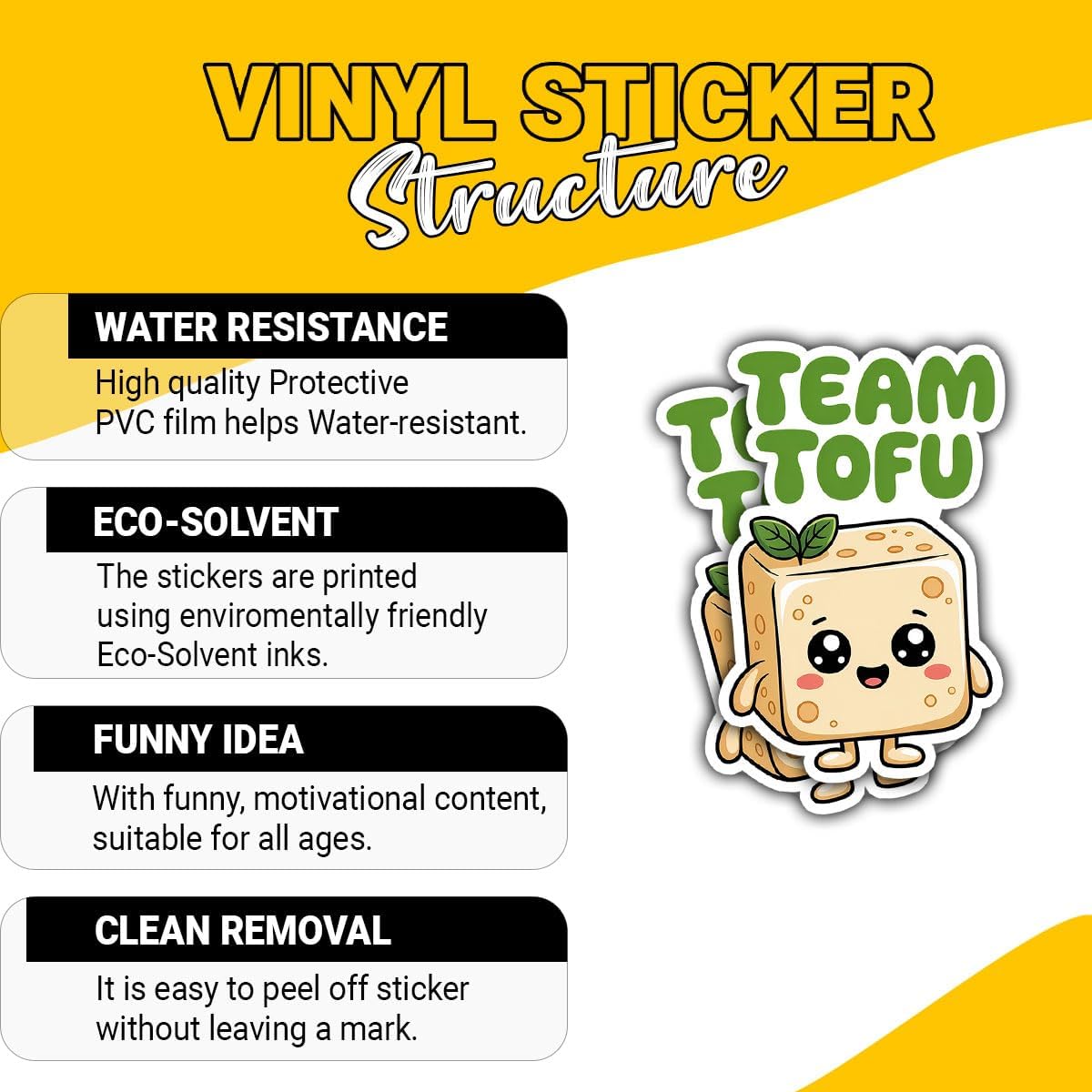 3 Pcs Team Tofu Cute Sticker, Funny Vegan Food Cartoon Design, Vegetarian Vinyl Stickers Die-Cut Waterproof for Laptop