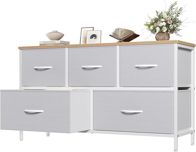 OLIXIS Dresser for Bedroom with 5 Drawers, Wide Chest of Drawers, Fabric Bedroom Dresser with Drawer Organizer, Storage Organizer Unit with Fabric Bins for Closet, Living Room, Hallway, Light Grey
