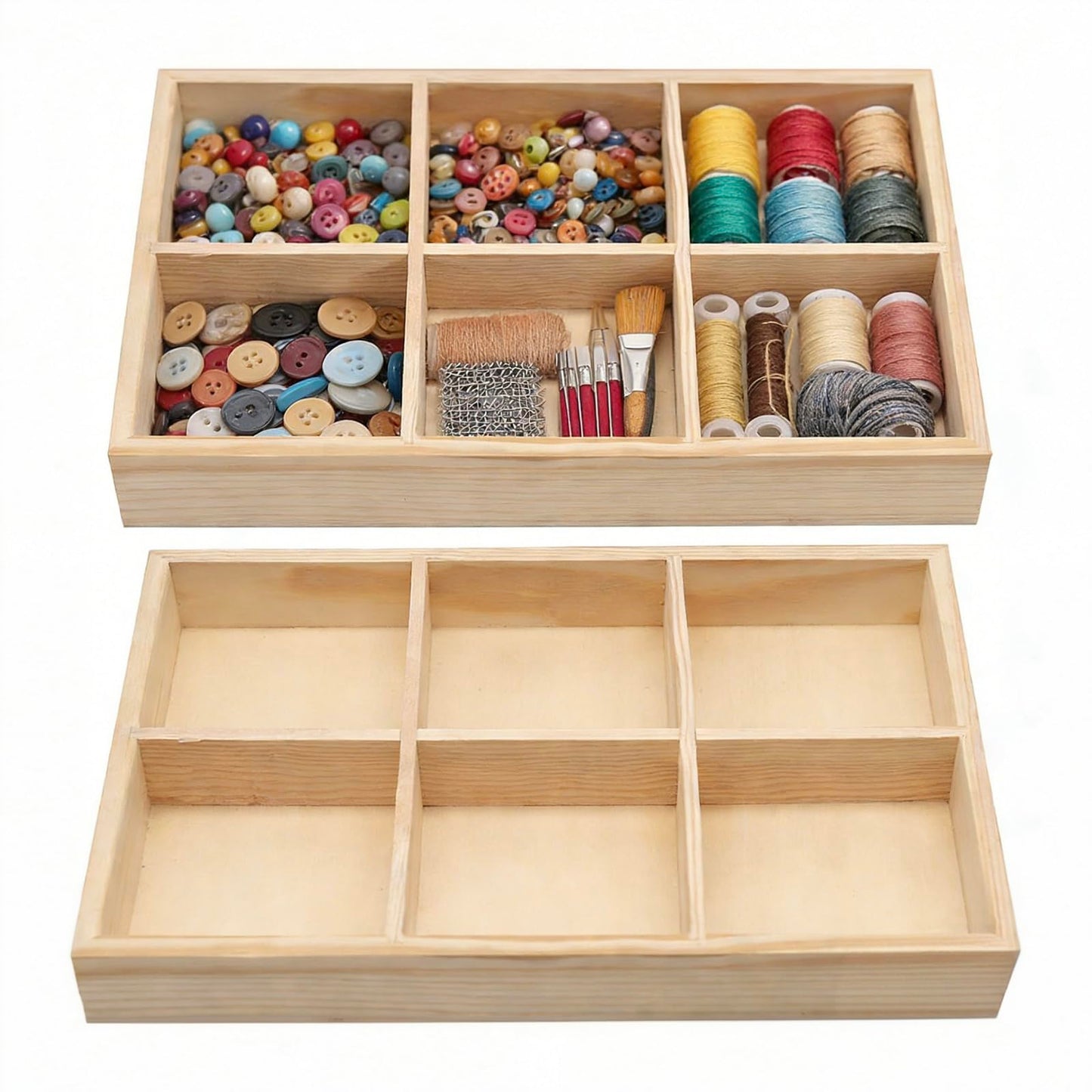 Zerodeko Wood Organizer Tray with 6 Compartments, Multi-Purpose Wooden Sorting Tray for Jewelry, Watch Parts, Crafts & Beads, Desktop Drawer Storage Crayon Box, Natural Wood Dice for Gaming