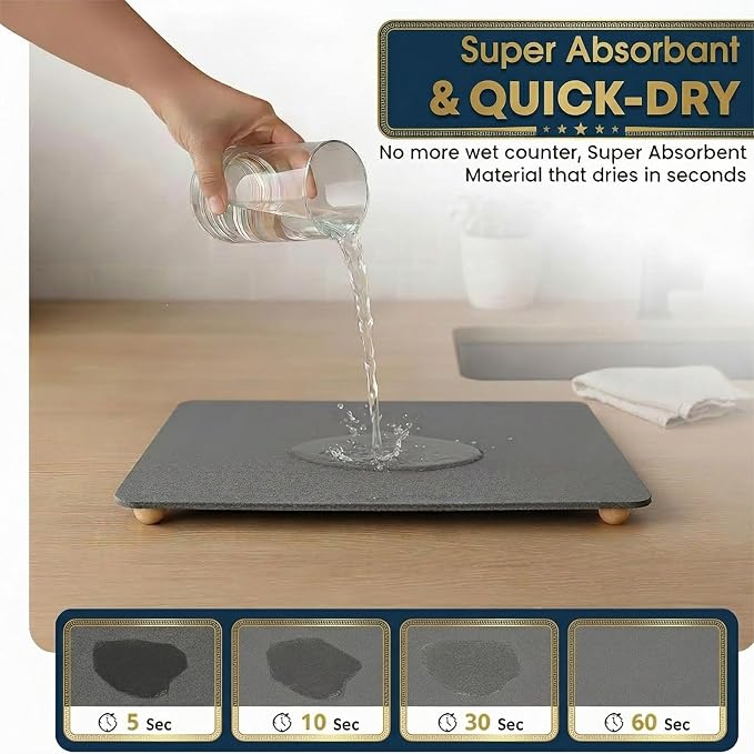 Stone Drying Mat for Kitchen Counter with 5 Wooden Feet &Bamboo Rack | 19.7"×15.7" Diatomaceous Earth Dish Drying Mat, Elevated Drying Stone Mat for Modern Kitchen Countertop