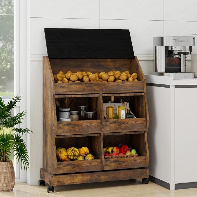 ARTETHYS Potato and Onion Storage Bin for Kitchen Large Potato Storage Box with Wheels 3 Tier Bread Container Holder with Lid and Grocery Section Decorative Vegetable Organization Cabinet for Kitchen