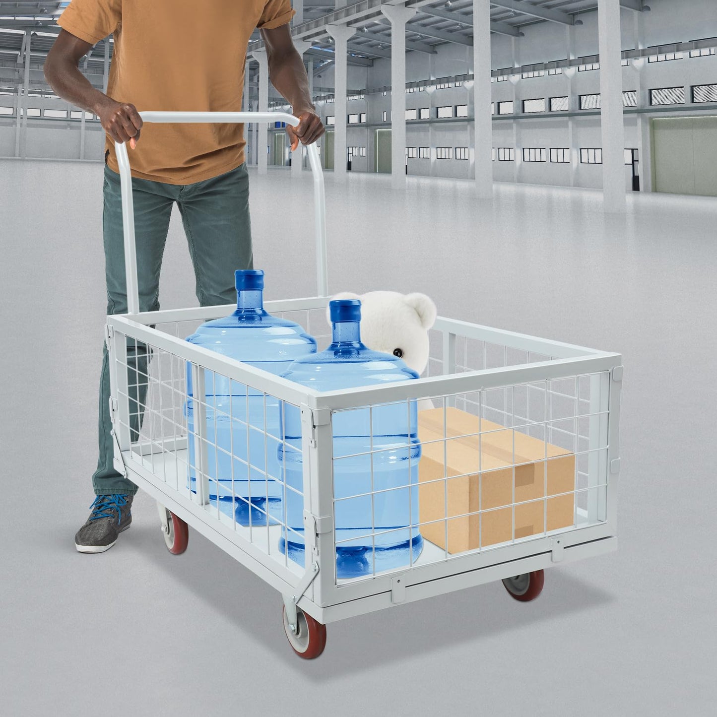 Platform Truck Cart, 4-in-1 Heavy Duty Flatbed Dolly with Detachable Wire Cage, Folding Utility Push Cart with 360° Swivel Casters, Steel Rolling Trolley for Warehouse Garage Transport Moving