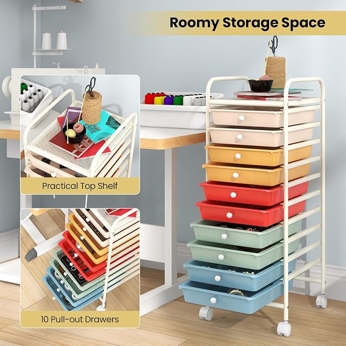 COSTWAY 10-Drawer Rolling Storage Cart, Utility Mobile Trolley with Removable Drawers & Universal Casters & 2 Brakes, Versatile Flexible Drawer Organizer Cart for Home, Office, Macaron