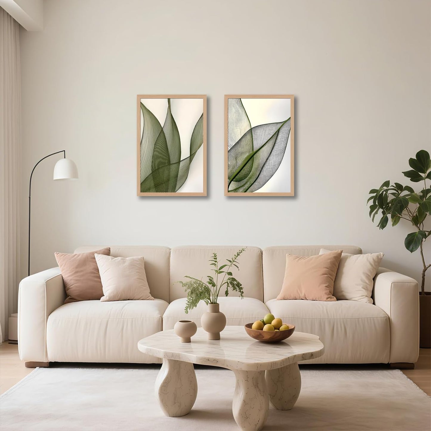 Green Leaf Wall Art Set of 2 with Wooden Frame – Minimalist Botanical Plant Prints, Modern Boho Tropical Leaves Painting, Framed Picture Wall Decor 12x16 Inch