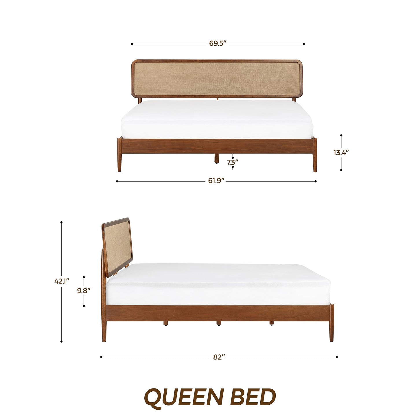 NTC Lupin Wooden Bed Frame with Headboard, Crafted from Walnut, Rubber Wood with Silent Slats and Wood Central Supports, 1000 Lb Capacity, Effortless Assembly, Queen - Dark Walnut