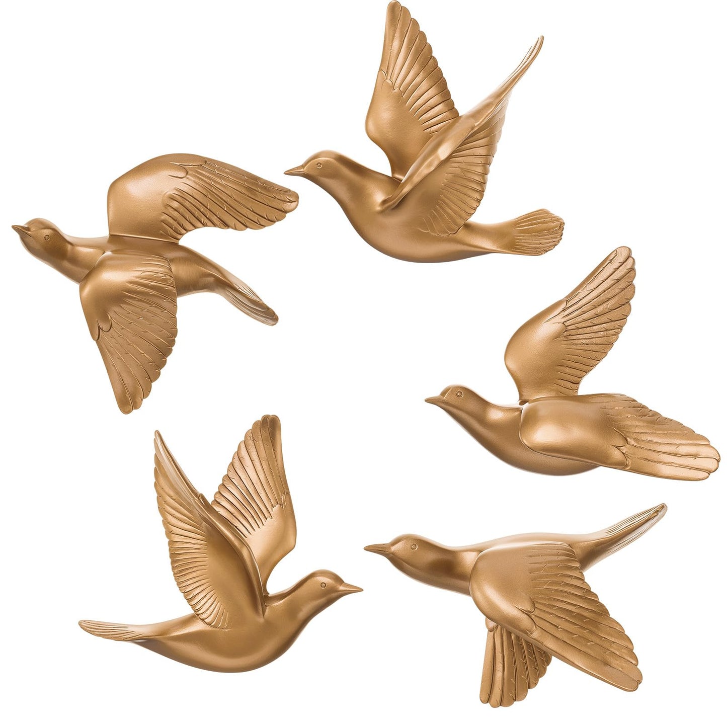 Kathfly 5 Pcs Bird Wall Decor, Resin Gold Bird 3D Wall Art, Flying Swallow Designs with Antique Patina Metal Look Resin Sculpture, Includes Mounting Hardware for Living Room & Bedroom