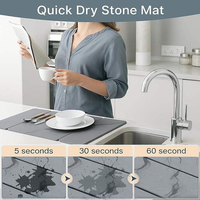 Stone Drying Mat for Kitchen Counter ,19.7"×14.7" Diatomaceous Earth Dish Drying Mat, Absorbent Drying Stone Mat for Modern Kitchen Countertop (Dark Gray, Medium)