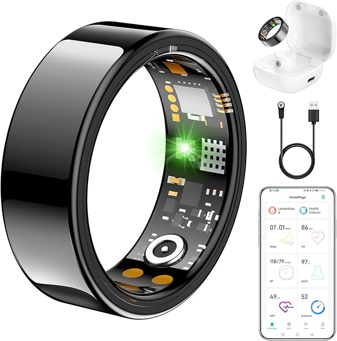 Ring Health Tracker for Women Men, Fit Ring with Heart Rate, Blood Oxygen, Sleep Monitor, Calories, Step Counter, IP68 Waterproof Smart Ring for iPhone & Android, No Subscription Fee (Black, 6#)