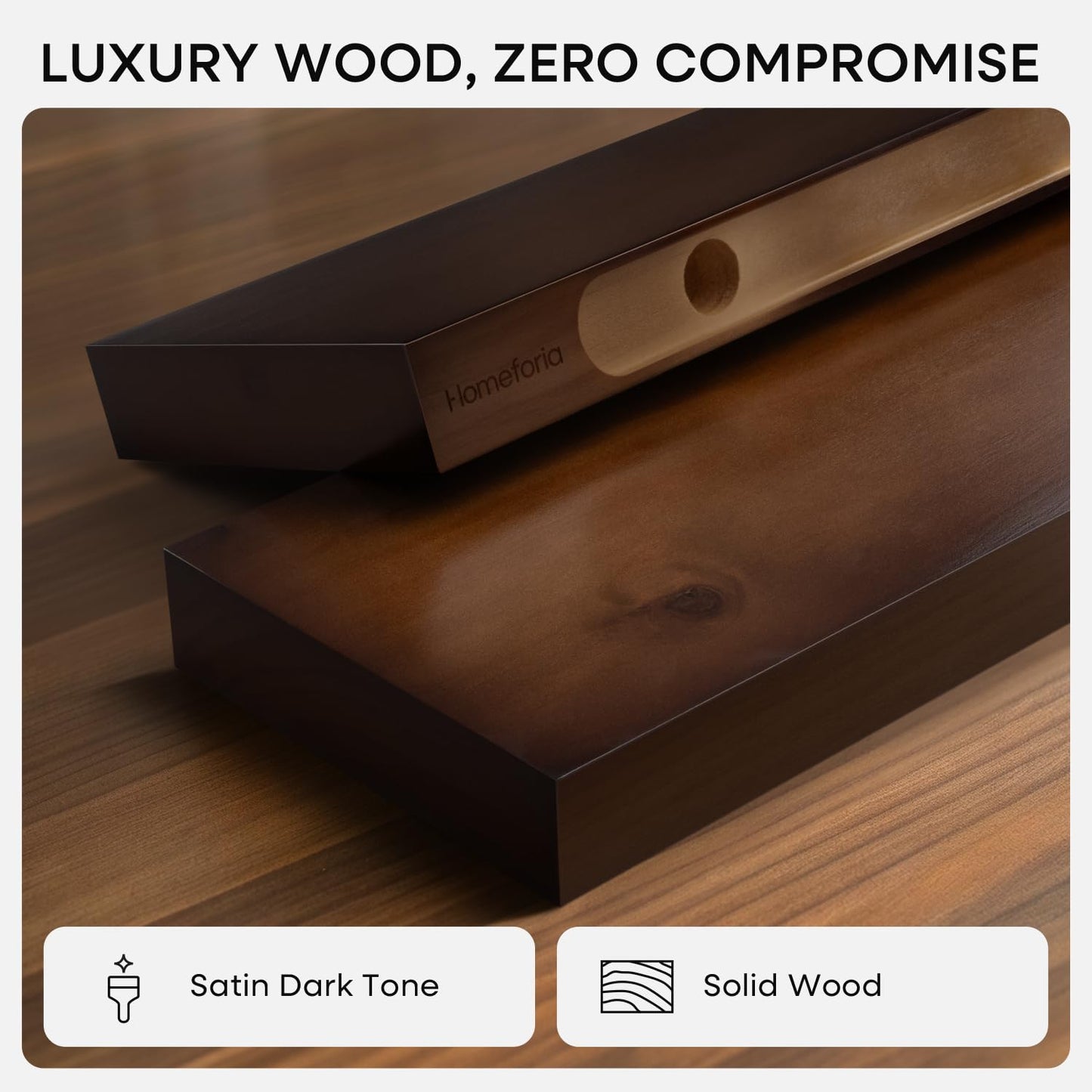 Homeforia 24inch Walnut Floating Shelves for Wall, High End Solid Real Wood 24in Floating Shelf for Bathroom, Dark Brown 24 inch Long Floating Shelves, Heavy Duty Bracket, 24 X 6.5 X 1.75 in, Set of 2