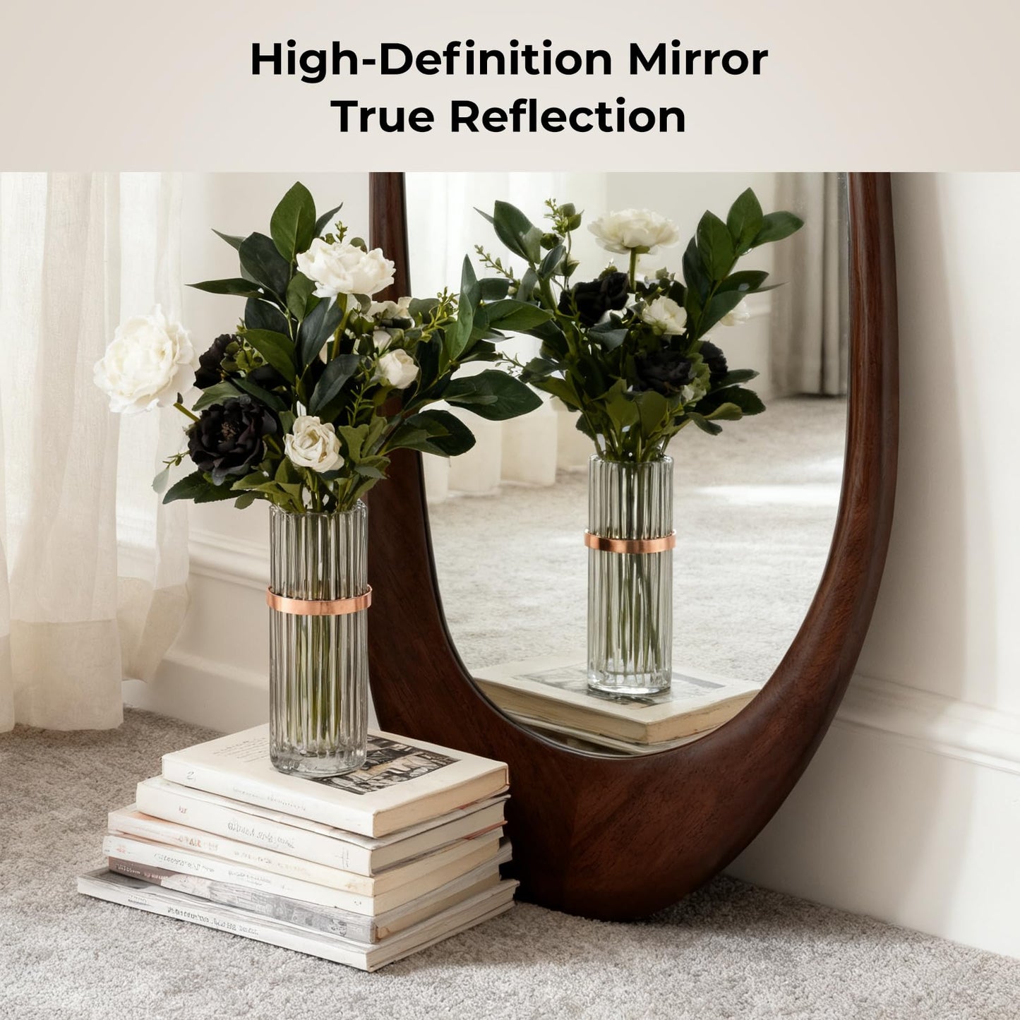WallBeyond Asymmetrical Full Length Wooden Mirror, 22.5" x 63" Irregular Solid Wood Wall Mirror, Boho Decor for Bedroom Living Room Entryway, Mid-Century Modern, Dark Walnut