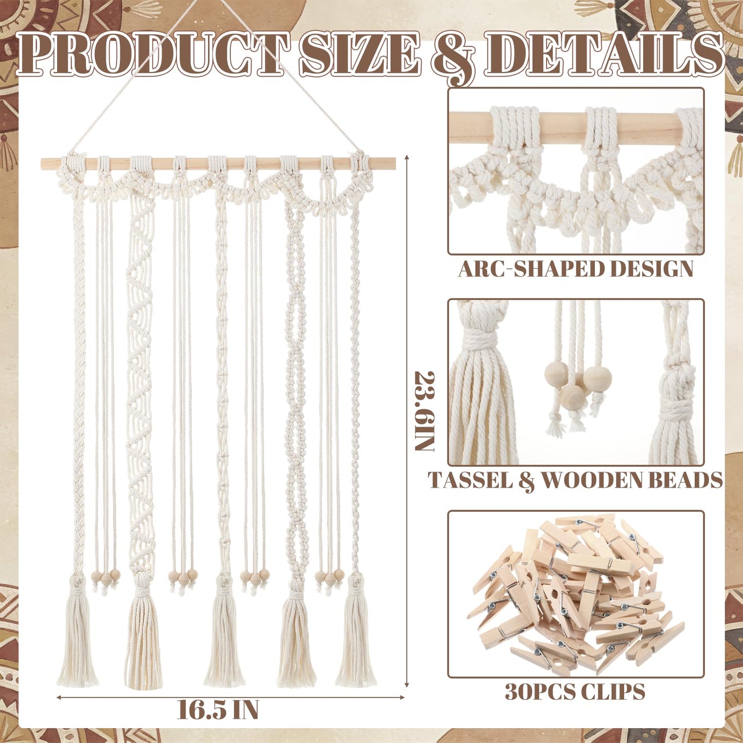 Lewtemi Macrame Hanging Photo Display Wall Decor with 30 Clips Boho Tassel Photo Wall Hanging Holder Art Decor for Frame Manager Picture Greeting Cards Collage Bedroom Home Dormitory Living Room