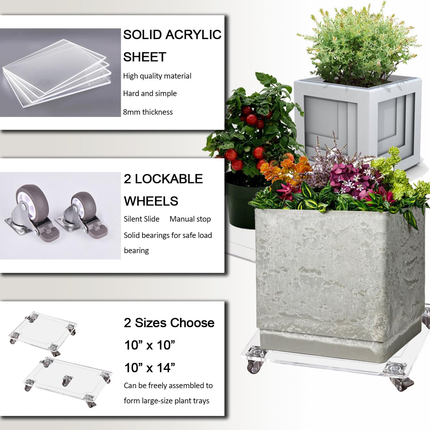 EMCOMS 1PC Transparent Clear Color Plant Caddy 10x10 inch Acrylic Heavy Duty Square Plant Stand with 2 Roller Lockable Caster Wheels,Indoor Outdoor Holds Up 150 Lbs Patio/Flower Pot/Dolly