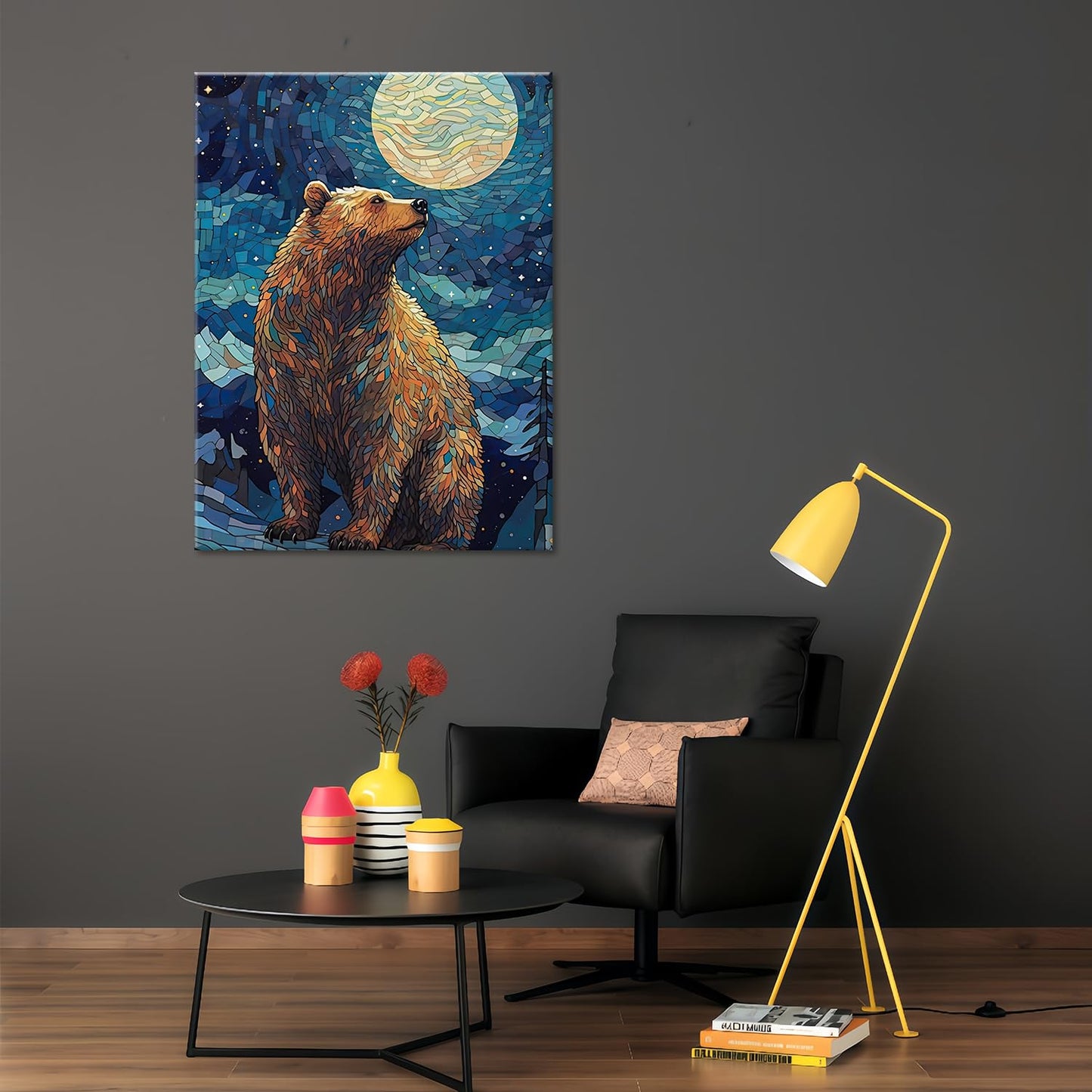 Mosaic Bear Wall Art,Starry Sky Dreamy Constellation Animal Canvas Print,Kid's Room Colors Wall Art,Wildlife Nature Home Decor,Modern Canvas with Framed Canvas Print,Framed 12 X 16in