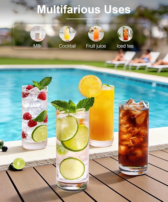 LUNA & MANTHA Drinking Water Glasses Set, Lead-Free Crystal Highball Glass, Tall Glass Cups for Cocktail Parties,Clear set of 6,13oz