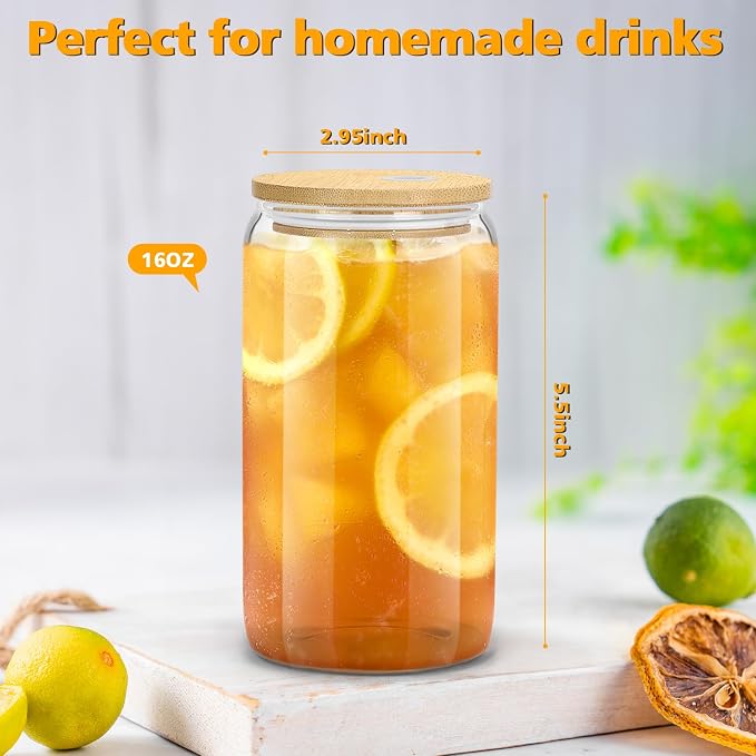 sungwoo 10PCS Glass Cups with Bamboo Lids and Straws, 16OZ Ice Coffee Cup, Drinking Cup set with Wooden Lids, Home Essential Glass Tumblers for Beer, Cocktail, Tea and Latte Clear